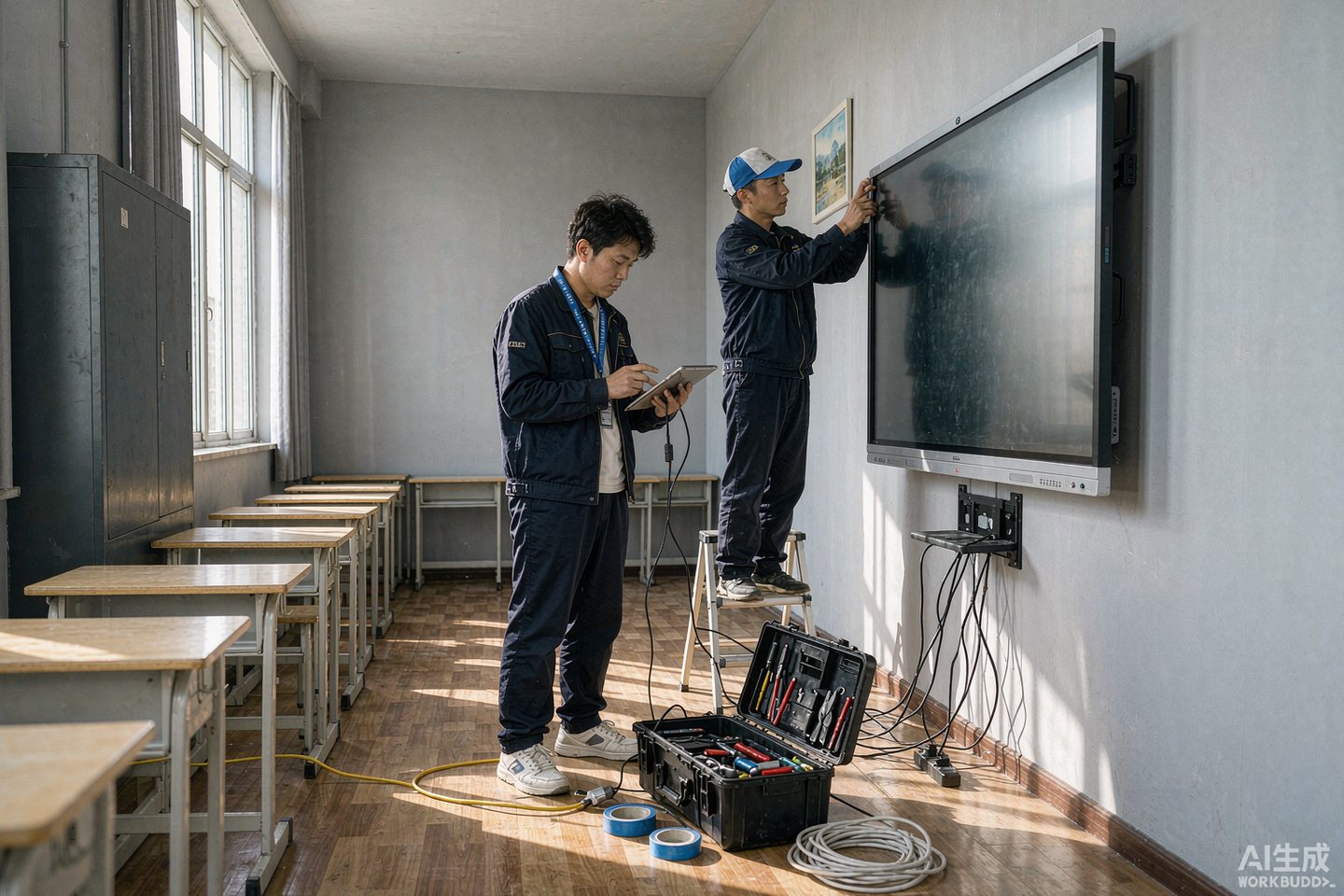 自有施工班组在教室内安装交互平板并整理线路